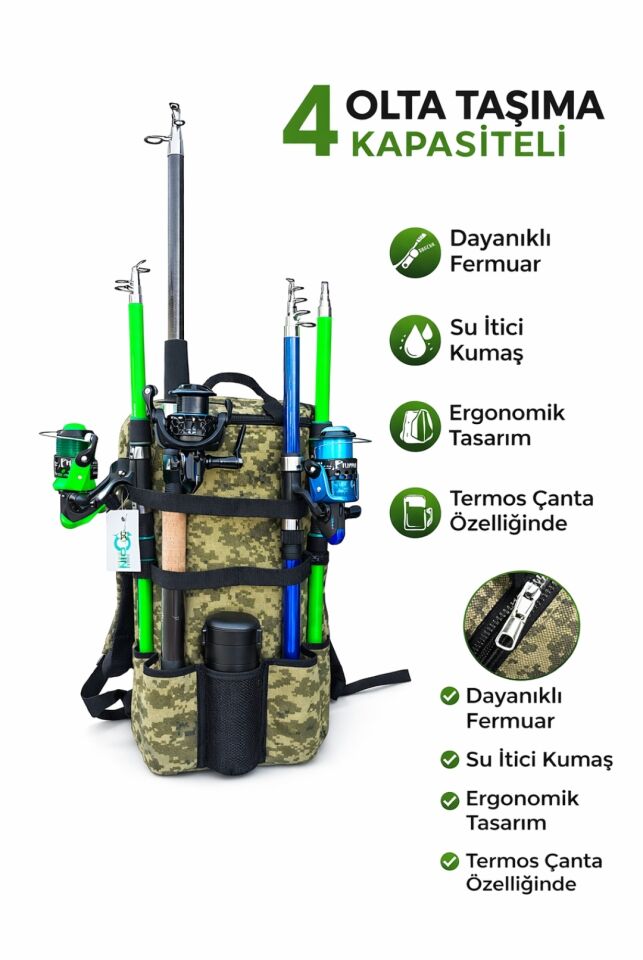 Termolu 4 Olta Kapasiteli Balıkçı Çantası – Su İtici, Ergonomik, Termos Bölmeli